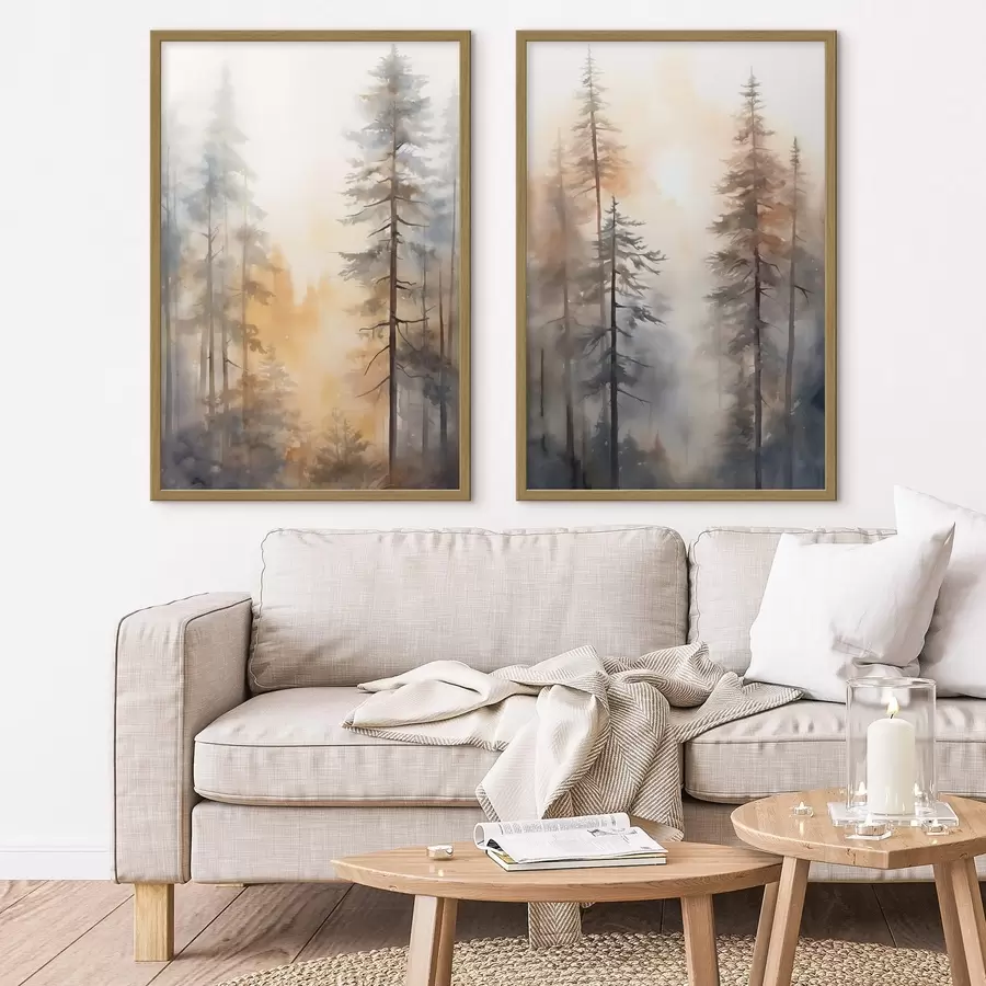 Fototapetai Aukštos pušys, miško peizažas, apšviestas šilta oranžine šviesa d31046
