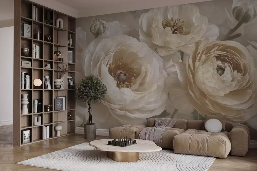Fototapetai Kreminiai ranunkuliai ir sodrios bijūnės w09780