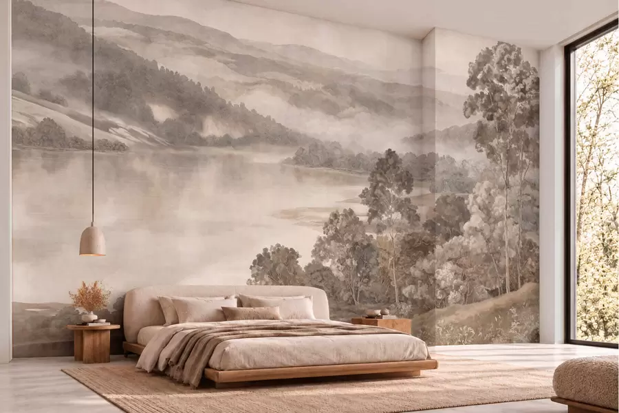 Fototapetai Ramus ežeras tarp rūko apgaubtų kalvų ir miškų w05928