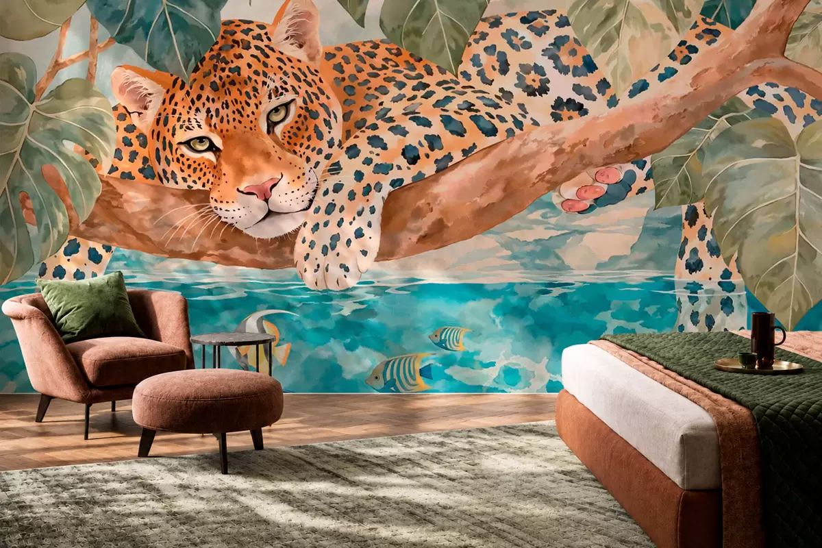 Fototapetai Leopardas ant šakos virš vandens su spalvotomis žuvimis w05954