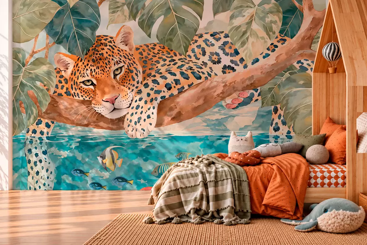 Fototapetai Leopardas ant šakos virš vandens su spalvotomis žuvimis w05954