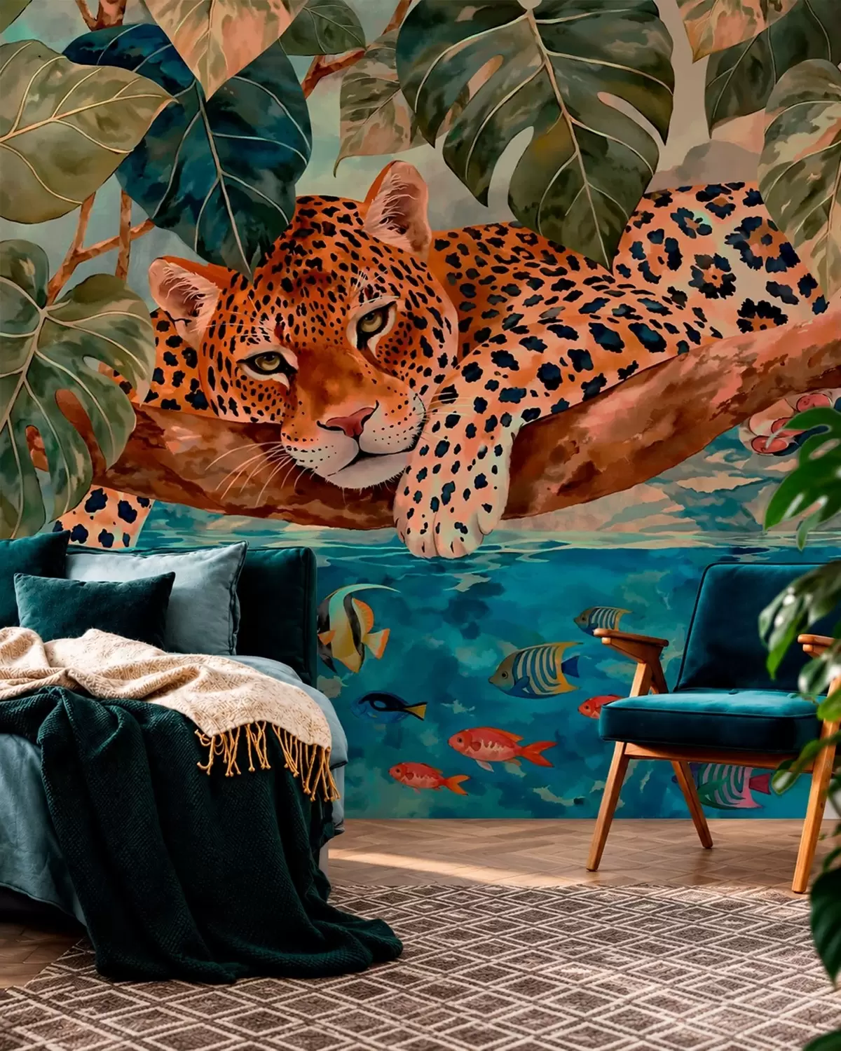 Fototapetai Leopardas tarp tropinių lapų virš vandens su žuvimi w05954v1