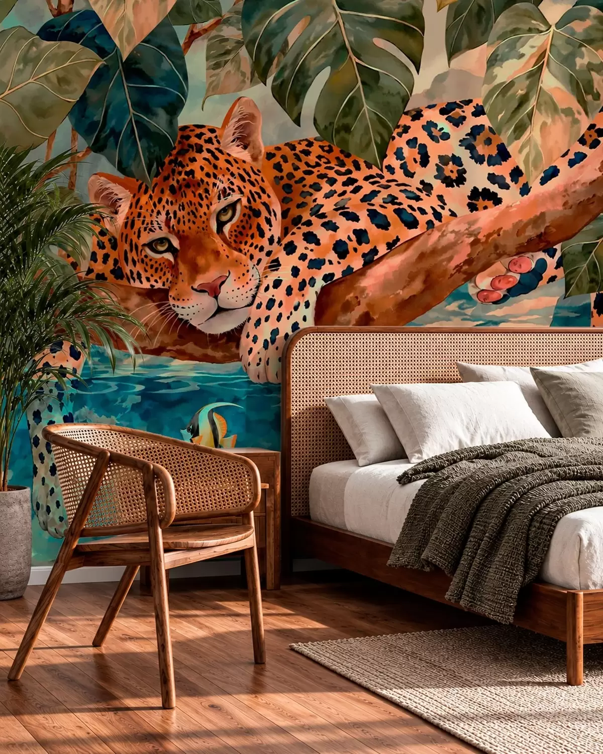 Fototapetai Leopardas tarp tropinių lapų virš vandens su žuvimi w05954v1
