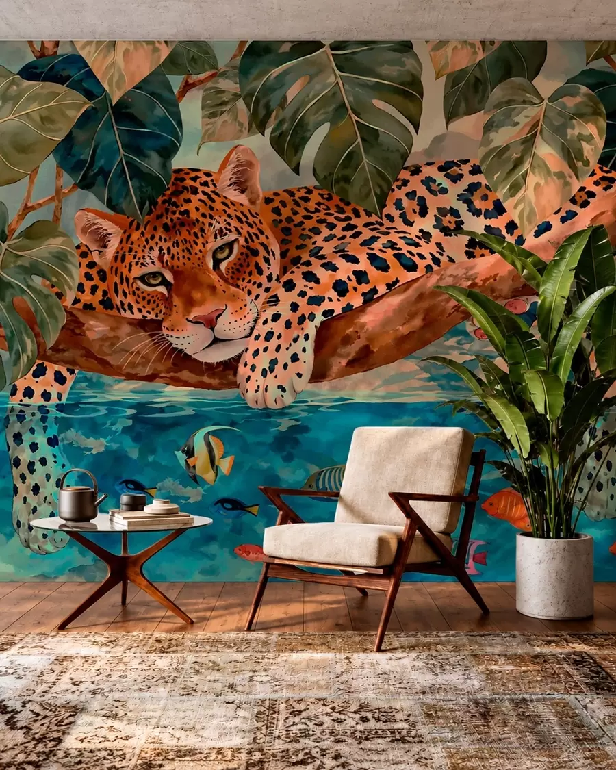 Fototapetai Leopardas tarp tropinių lapų virš vandens su žuvimi w05954v1