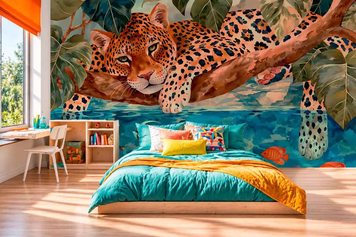 Fototapetai Leopardas tarp tropinių lapų virš vandens su žuvimi w05954v1