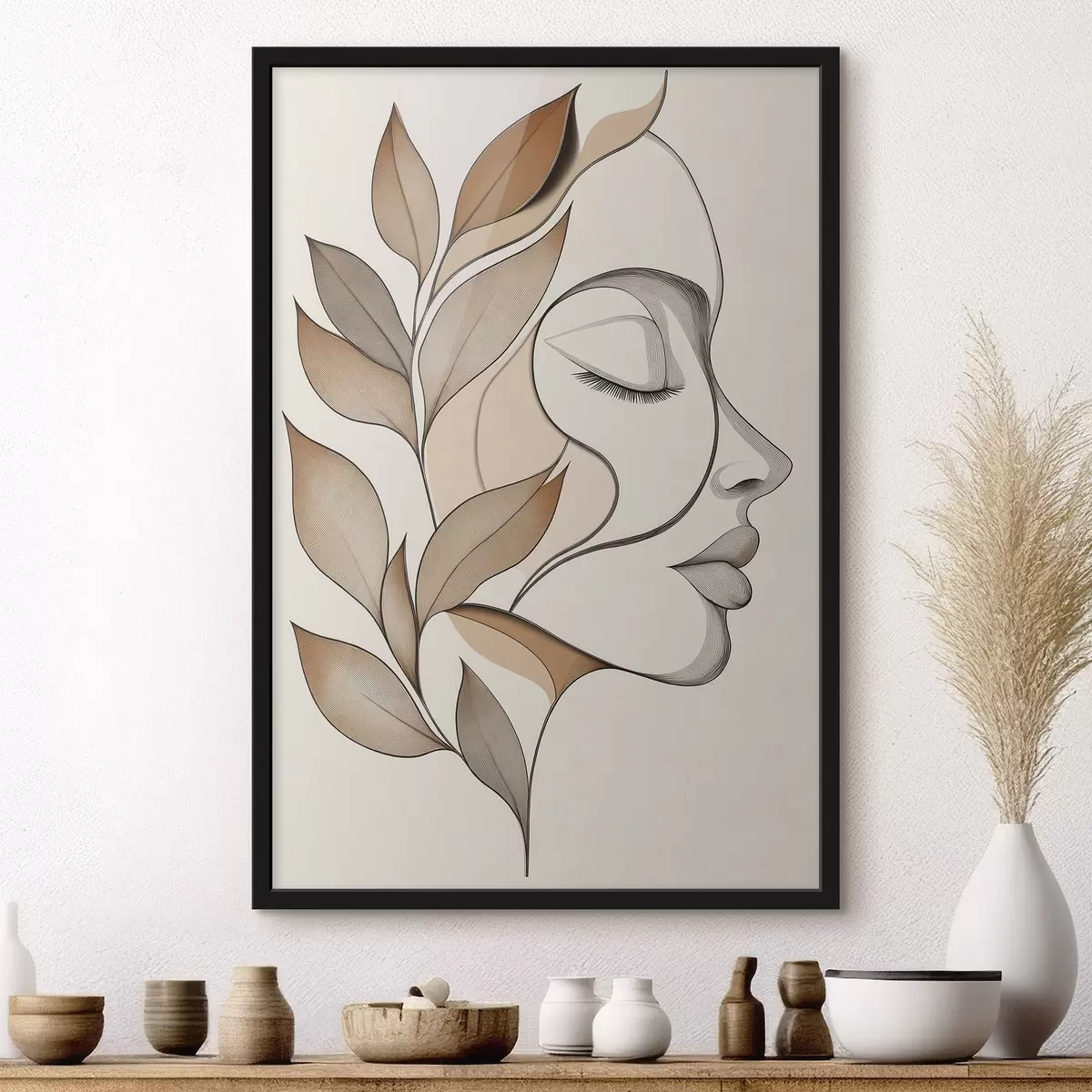 Plakatas Moteries profilis su lapais f50997
