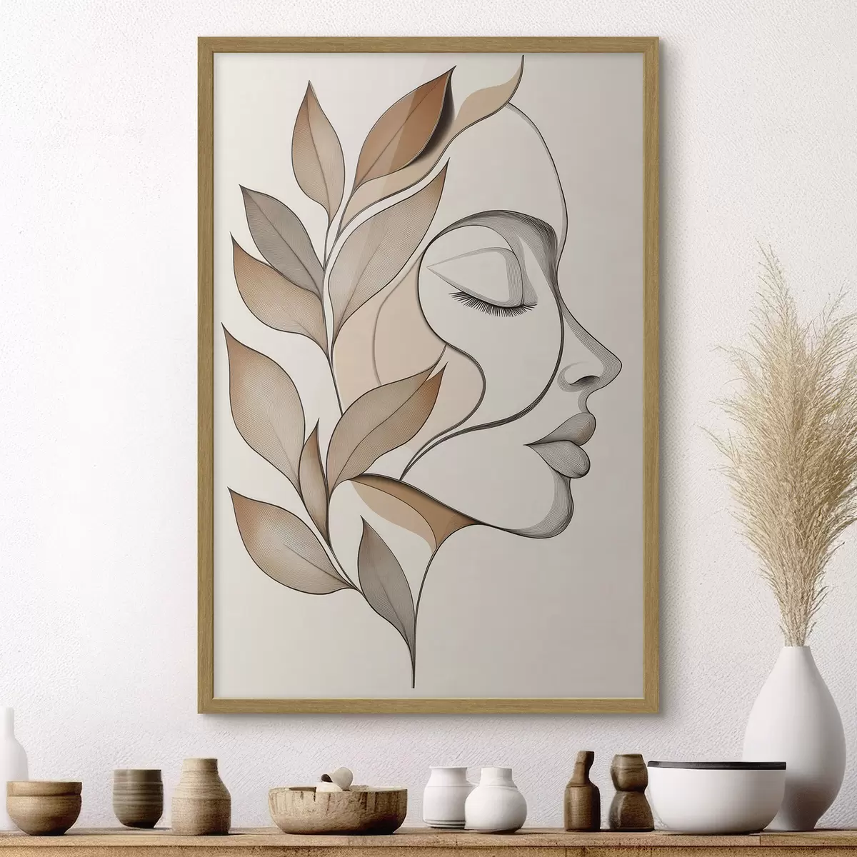 Plakatas Moteries profilis su lapais f50997
