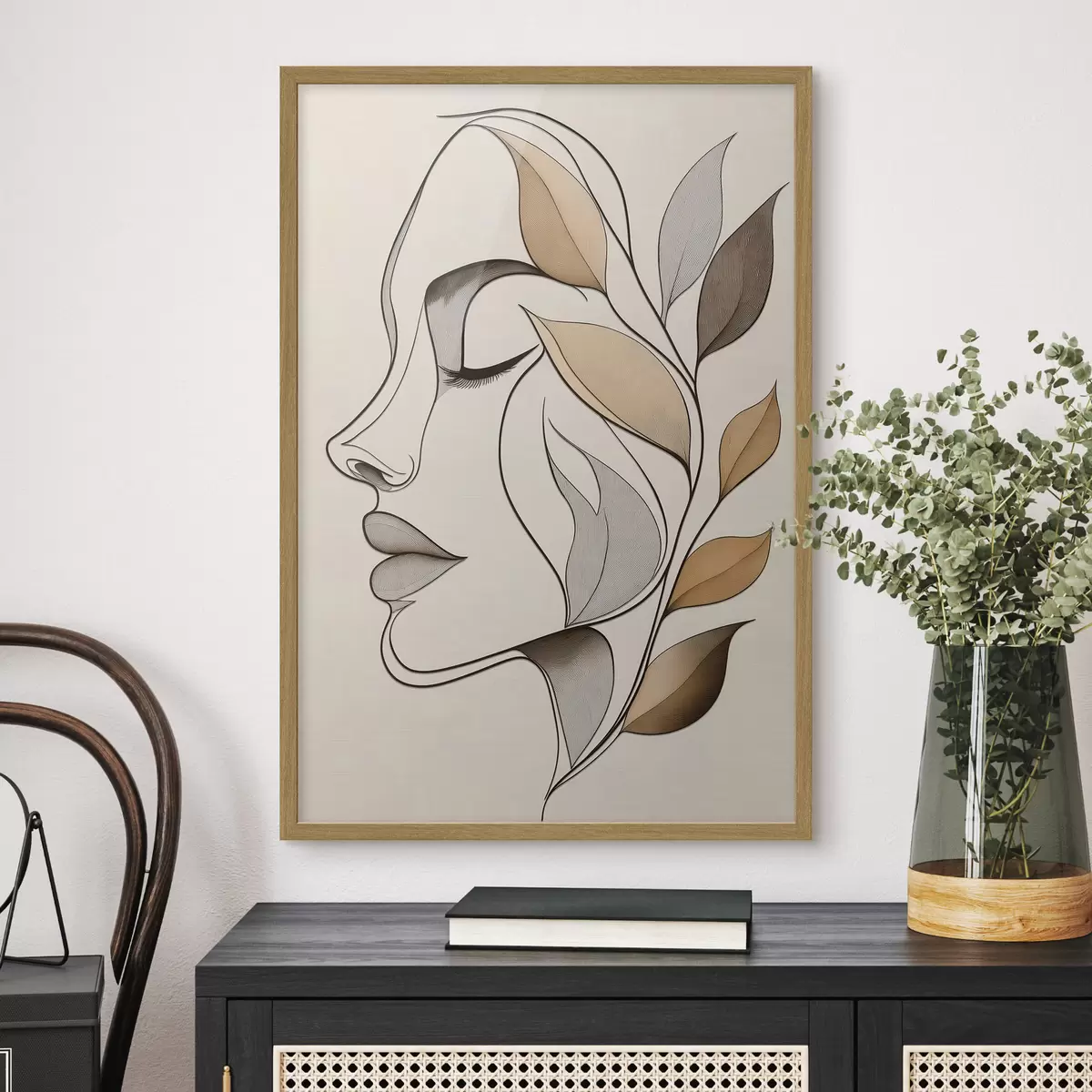Plakatas Moteries profilis su lapais f50998