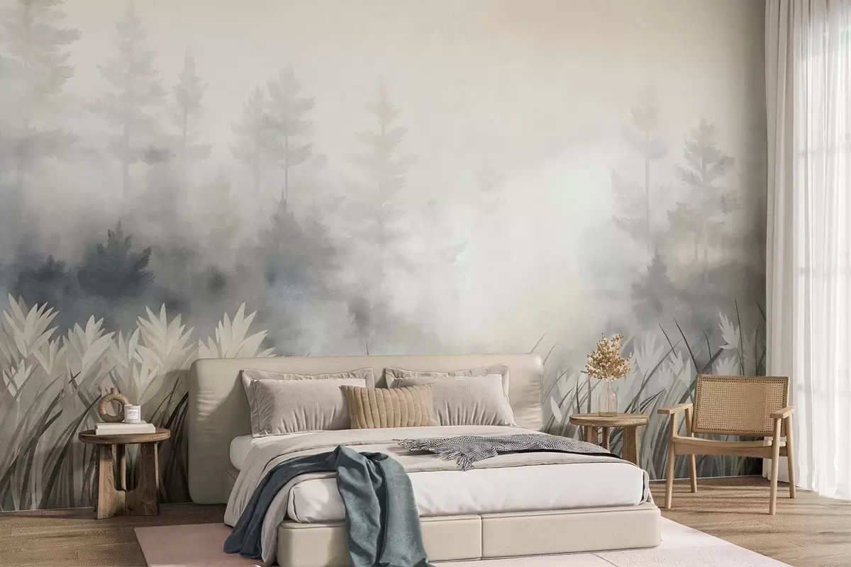 Fototapetai Peizažas su aukšta laukine žole ir pušynu, minimalistinis tekstūrinis stilius w10082