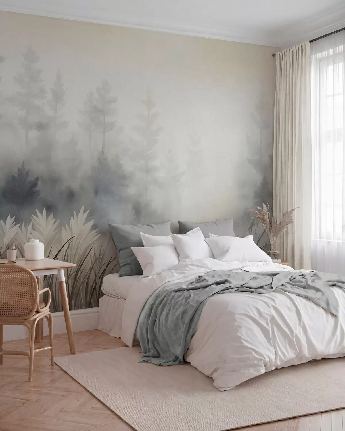 Fototapetai Peizažas su aukšta laukine žole ir pušynu, minimalistinis tekstūrinis stilius w10082