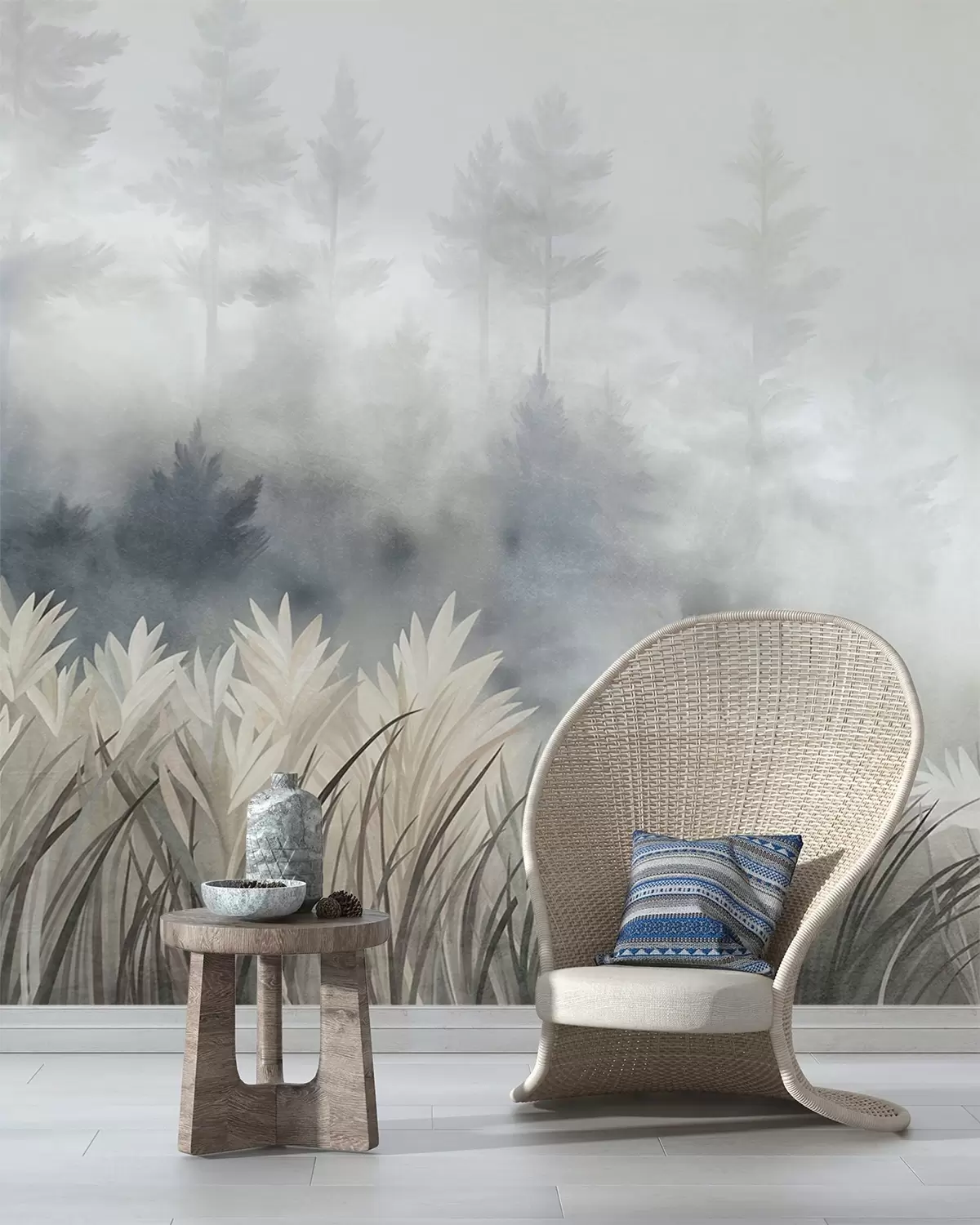 Fototapetai Peizažas su aukšta laukine žole ir pušynu, minimalistinis tekstūrinis stilius w10082