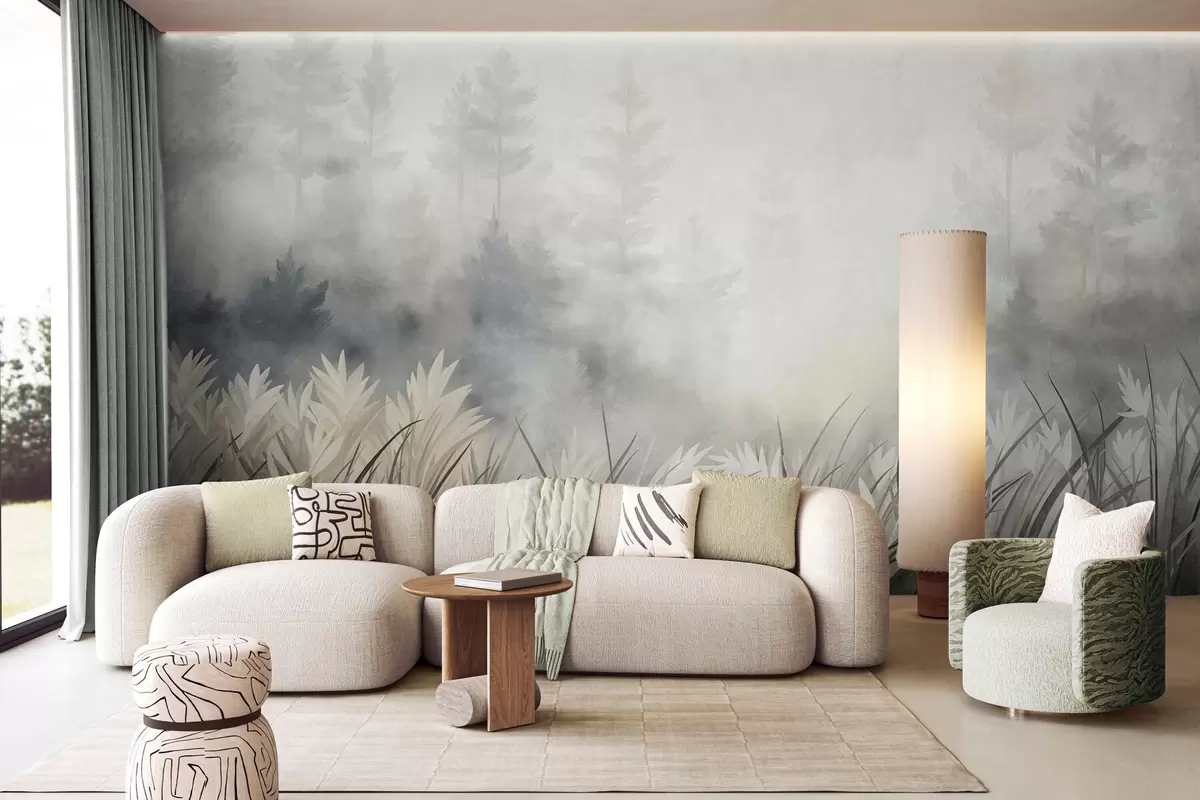 Fototapetai Peizažas su aukšta laukine žole ir pušynu, minimalistinis tekstūrinis stilius w10082
