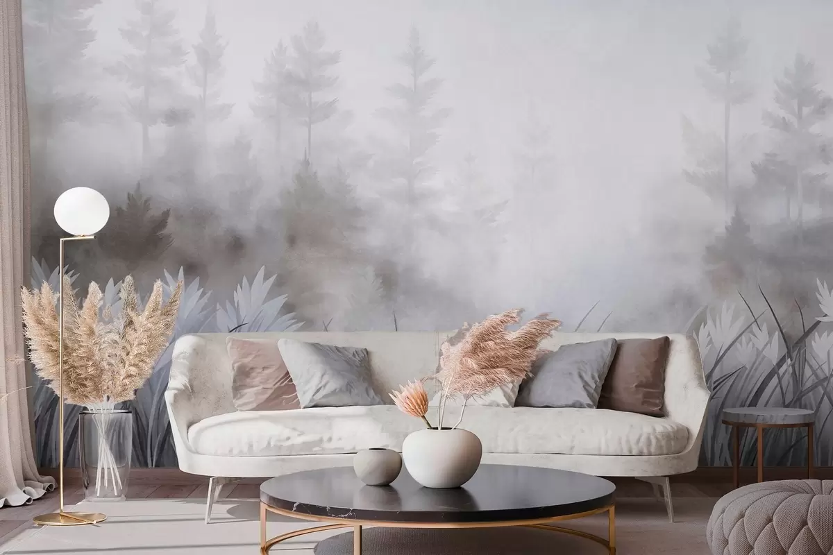 Fototapetai Peizažas su aukšta laukine žole ir pušynu, minimalistinis tekstūrinis stilius w10082v1