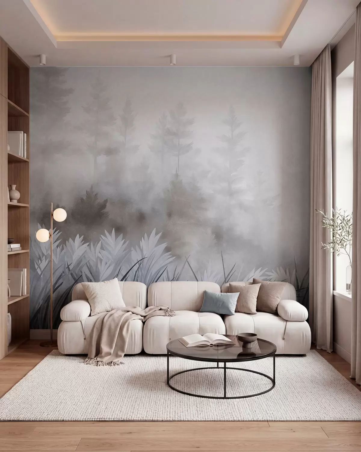 Fototapetai Peizažas su aukšta laukine žole ir pušynu, minimalistinis tekstūrinis stilius w10082v1