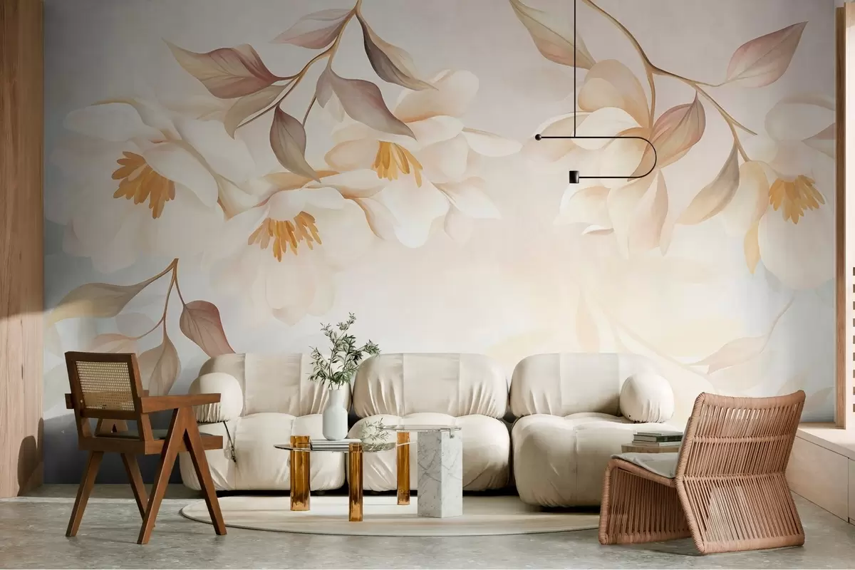 Fototapetai Magnolijos žiedai su švelniais rudais lapais, kabančiais nuo šakų w10086