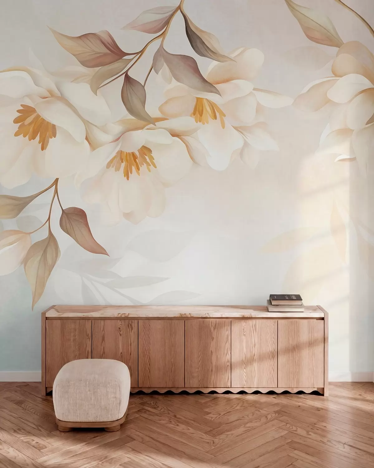 Fototapetai Magnolijos žiedai su švelniais rudais lapais, kabančiais nuo šakų w10086