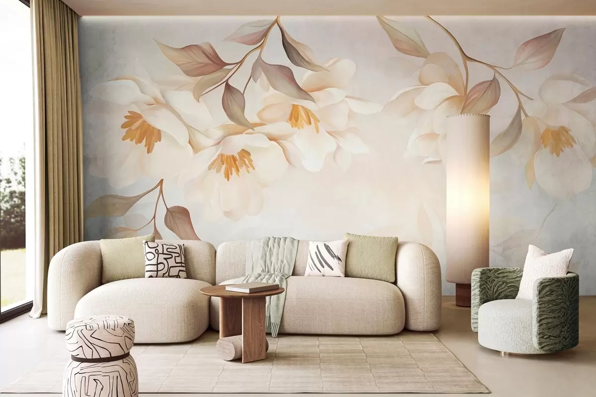 Fototapetai Magnolijos žiedai su švelniais rudais lapais, kabančiais nuo šakų w10086