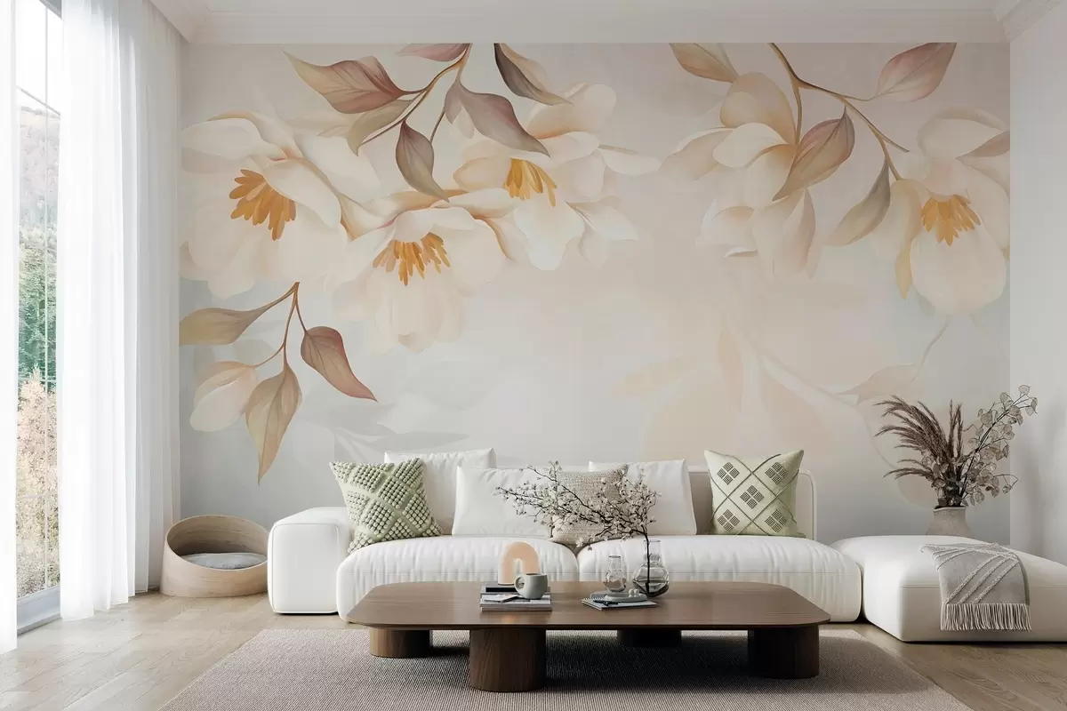 Fototapetai Magnolijos žiedai su švelniais rudais lapais, kabančiais nuo šakų w10086
