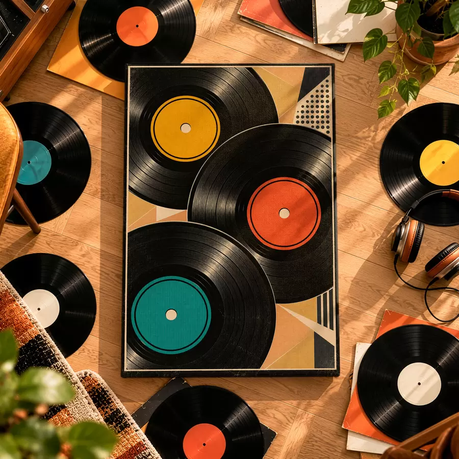 Paveikslėlis Retro atmosfera su spalvotomis vinilo plokštelėmis s50923