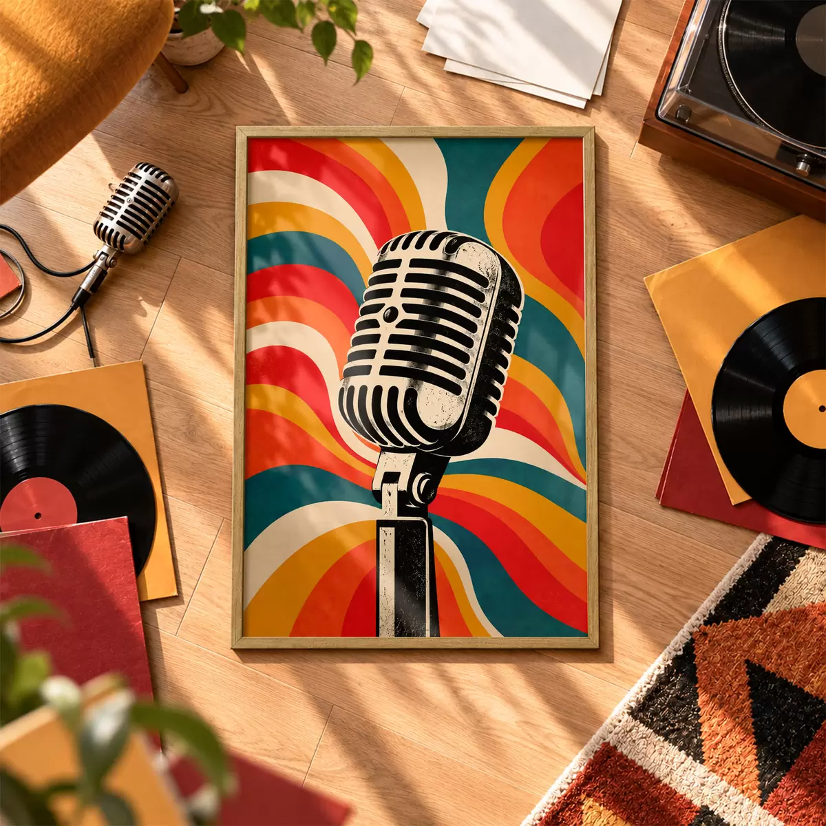 Plakatas Retro mikrofonas su ryškiu fonu f50924