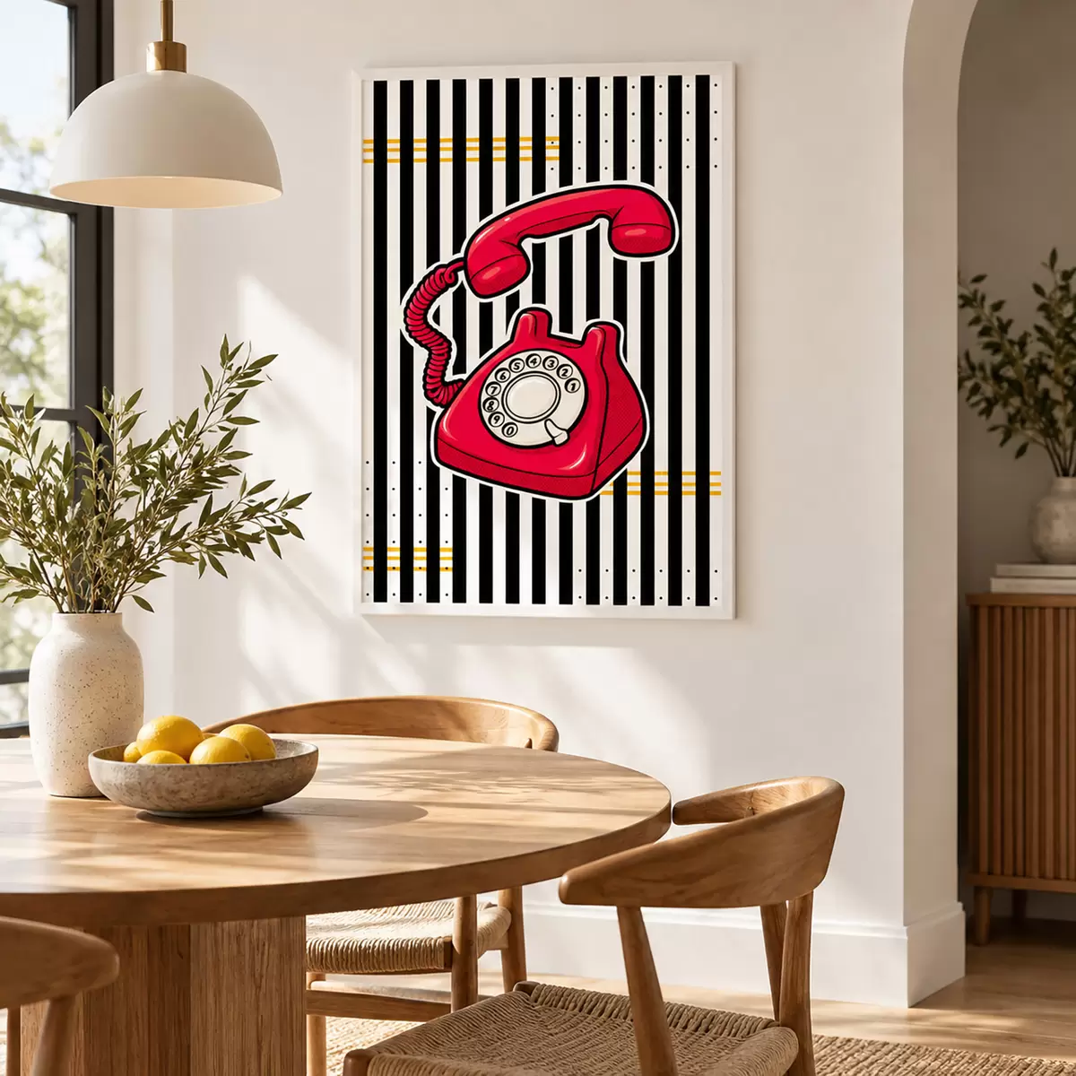Plakatas Retro raudonas telefonas ant ryškių juostų f50784