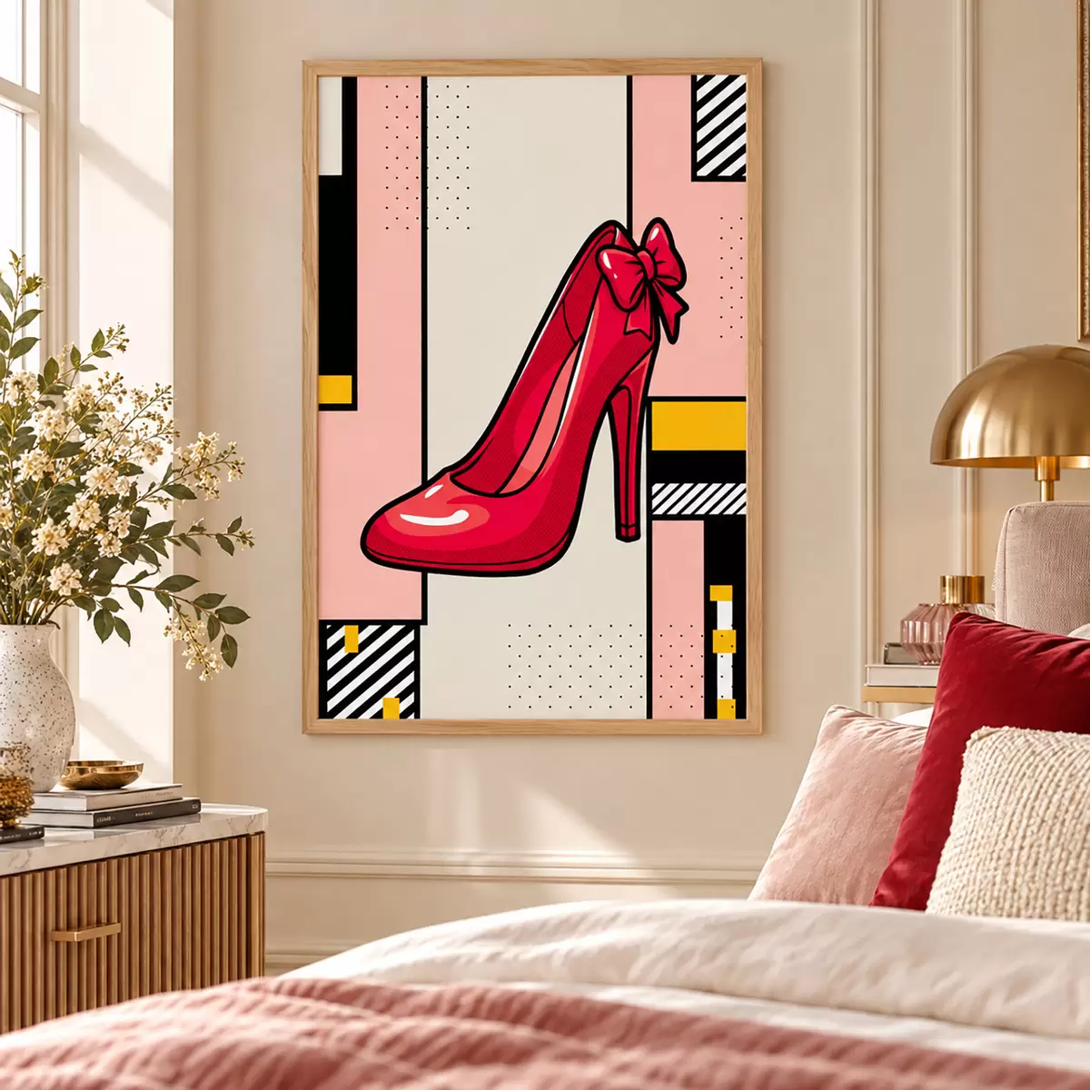 Plakatas Elegantiškas raudonas aukštakulnis ant žaismingo fono f50785