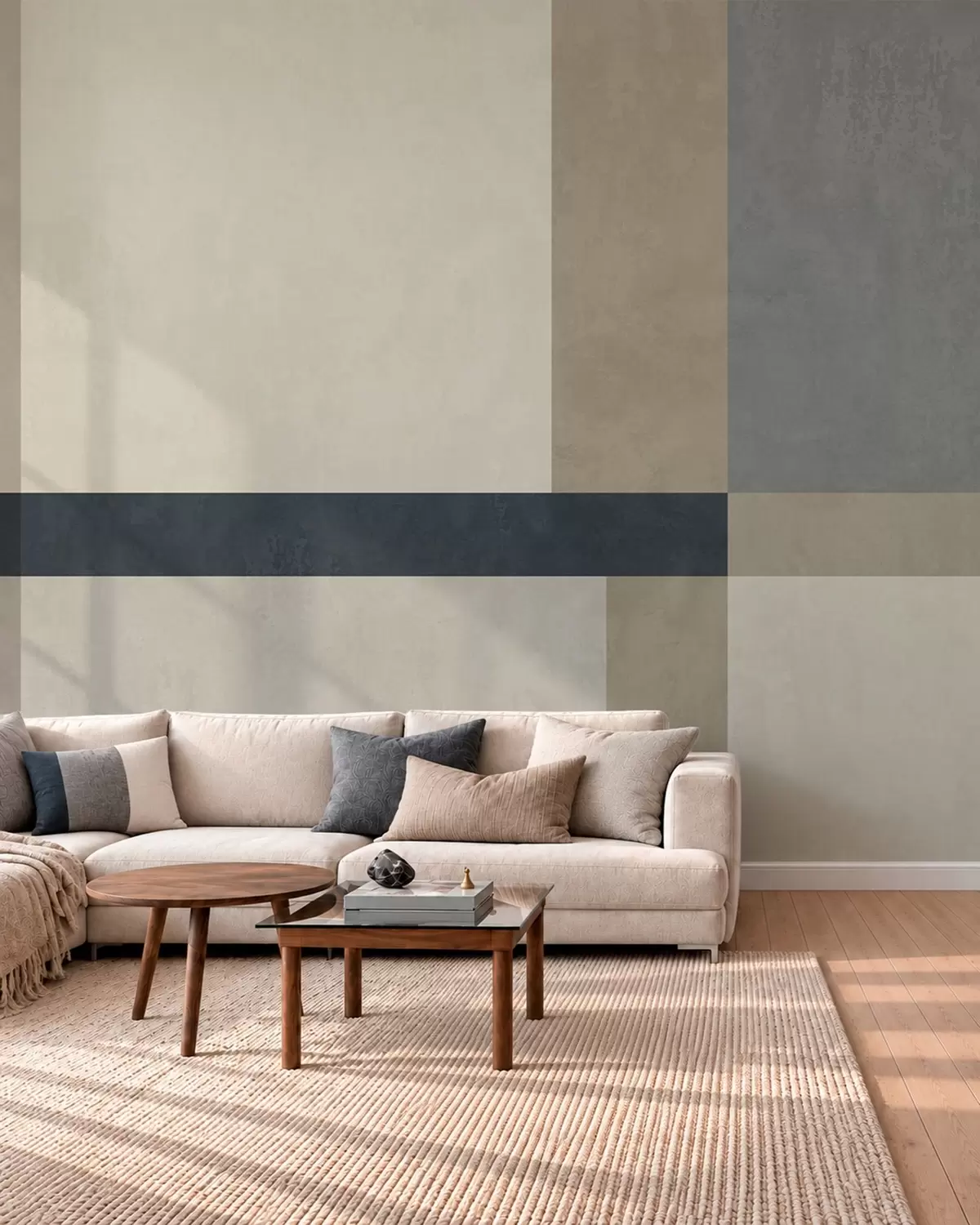 Fototapetai Geometrinė kompozicija iš smėlio spalvos ir pilkų blokų su tamsiu dryželiu w05891v3