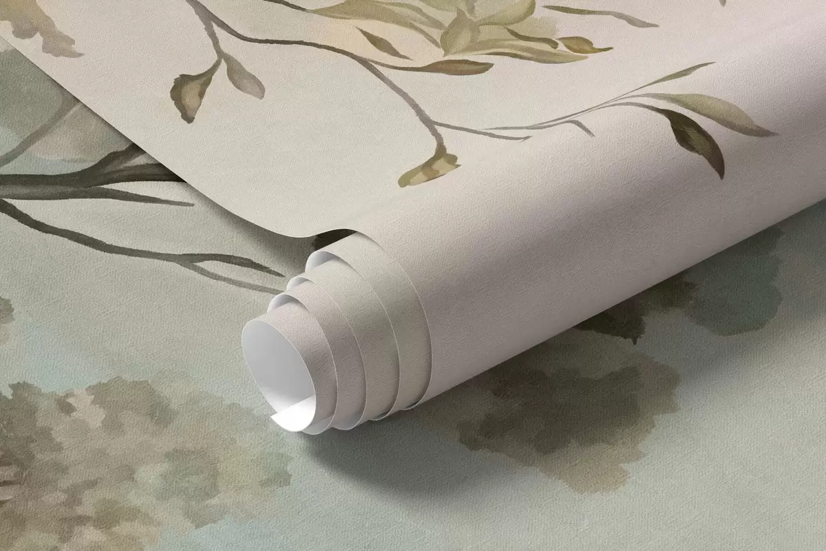 Fototapetai Subtilus peizažas su medžiais, ežeru ir tolumoje matomais kalnais w05957