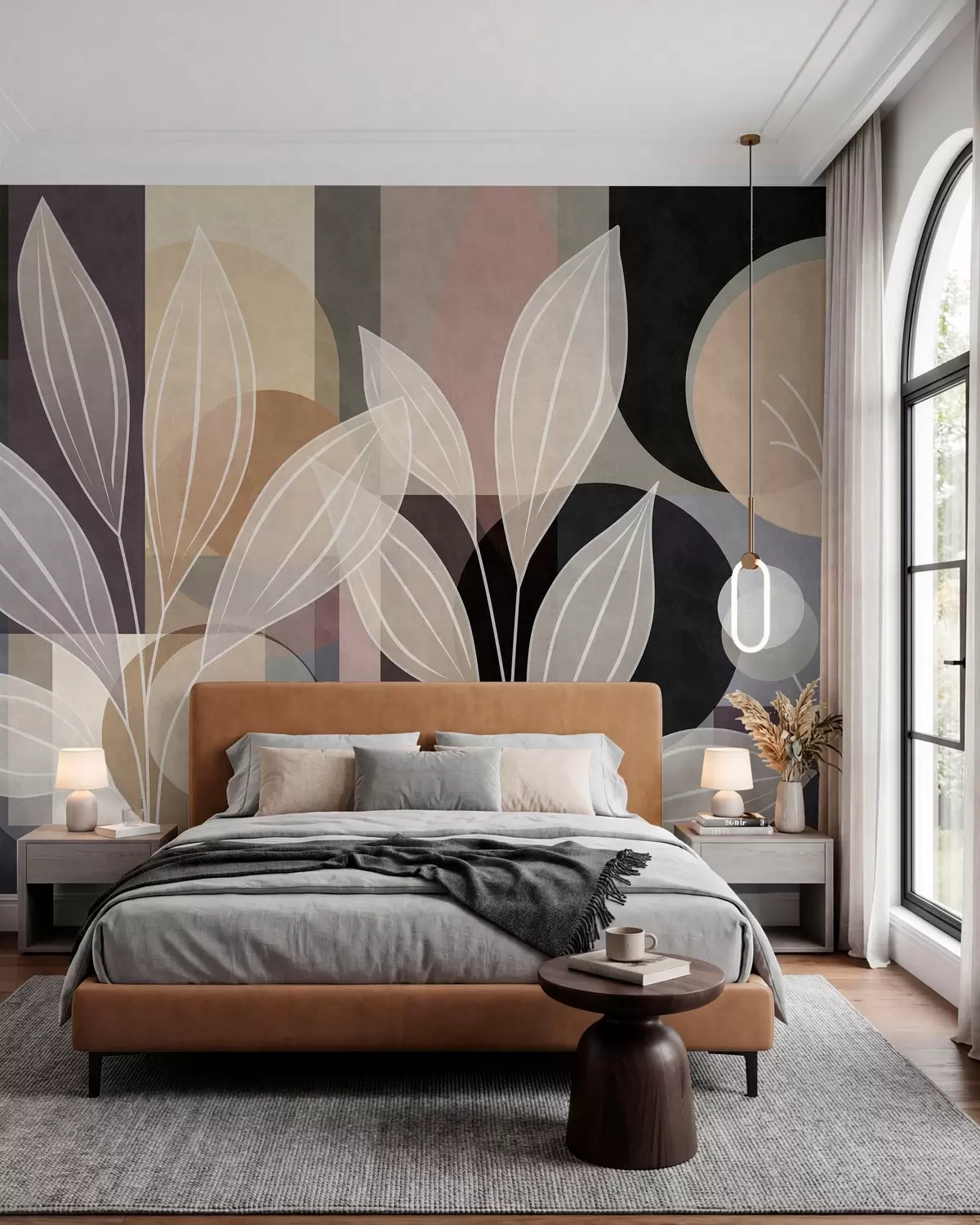 Fototapetai stilizuoti lapai ant geometrinio fono, atspalviais nuo smėlio spalvos iki tamsių atspalvių w05987