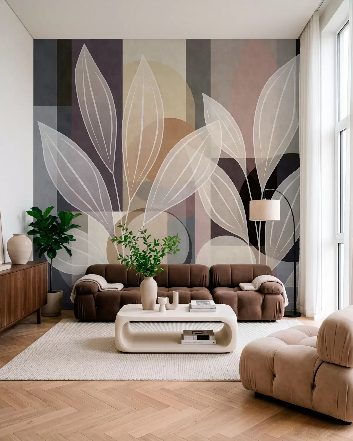 Fototapetai stilizuoti lapai ant geometrinio fono, atspalviais nuo smėlio spalvos iki tamsių atspalvių w05987
