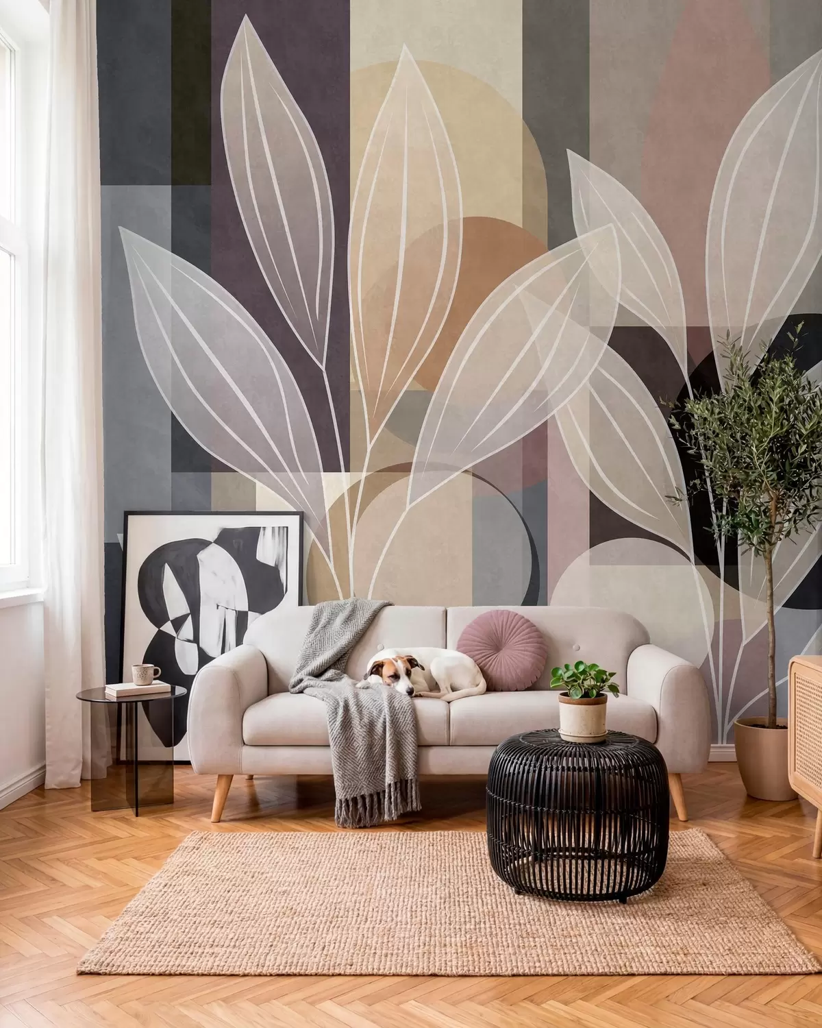 Fototapetai stilizuoti lapai ant geometrinio fono, atspalviais nuo smėlio spalvos iki tamsių atspalvių w05987