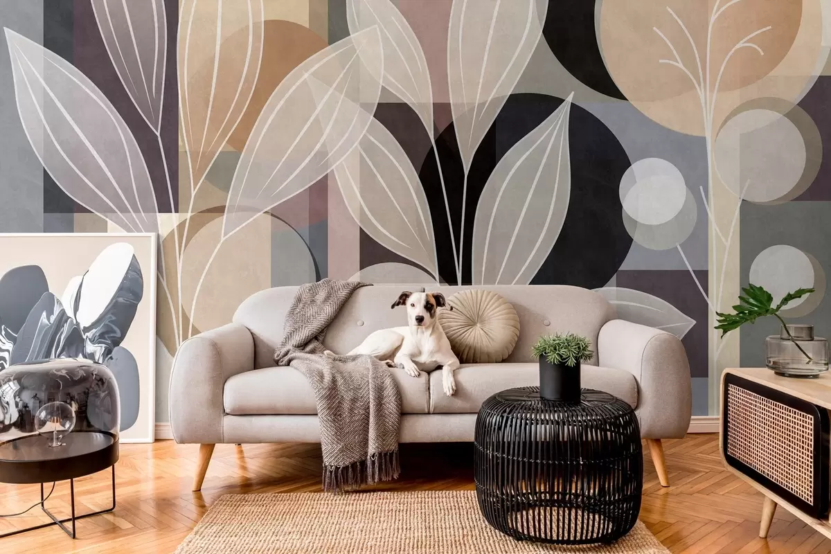 Fototapetai stilizuoti lapai ant geometrinio fono, atspalviais nuo smėlio spalvos iki tamsių atspalvių w05987