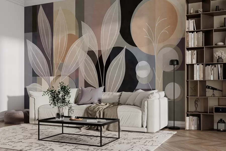 Fototapetai stilizuoti lapai ant geometrinio fono, atspalviais nuo smėlio spalvos iki tamsių atspalvių w05987