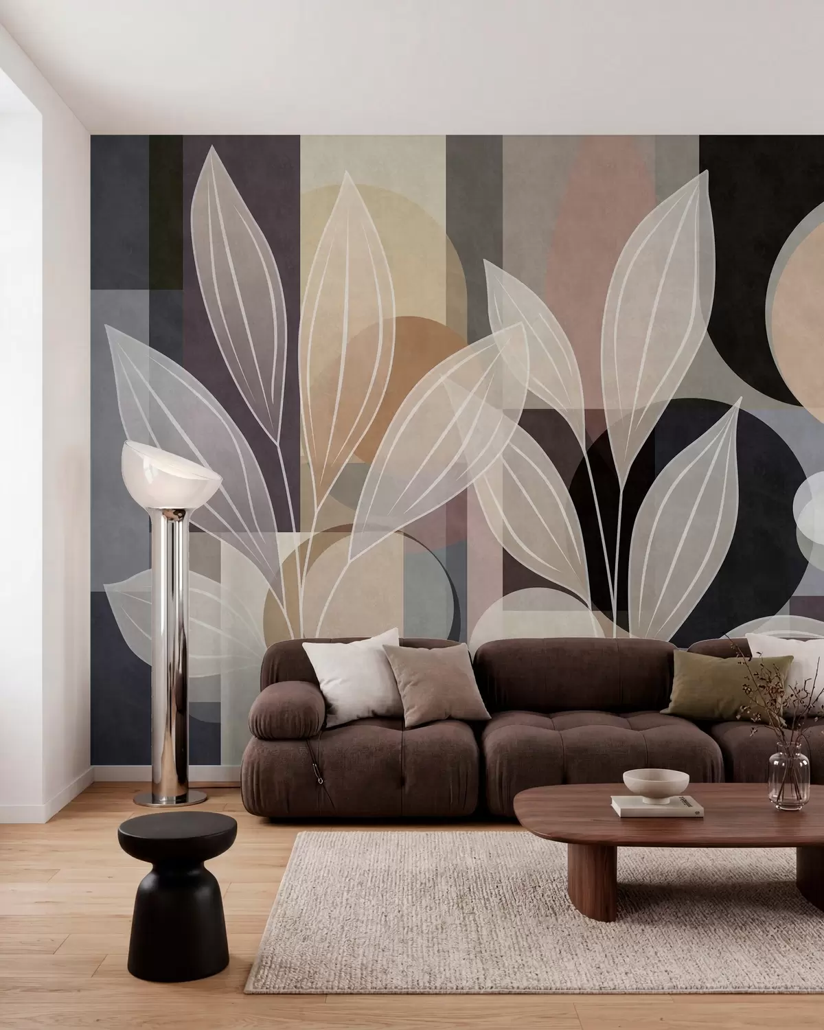 Fototapetai stilizuoti lapai ant geometrinio fono, atspalviais nuo smėlio spalvos iki tamsių atspalvių w05987