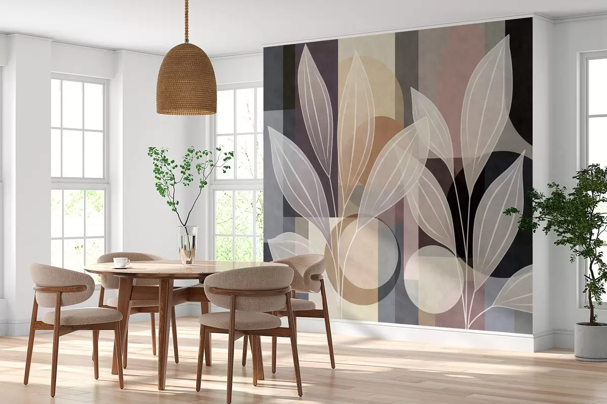 Fototapetai stilizuoti lapai ant geometrinio fono, atspalviais nuo smėlio spalvos iki tamsių atspalvių w05987