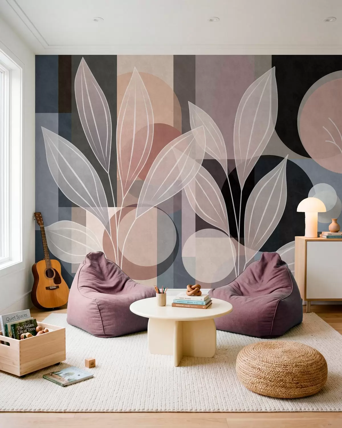 Fototapetai stilizuoti lapai ant geometrinio fono, atspalviai – pudriniai ir tamsūs w05987v1