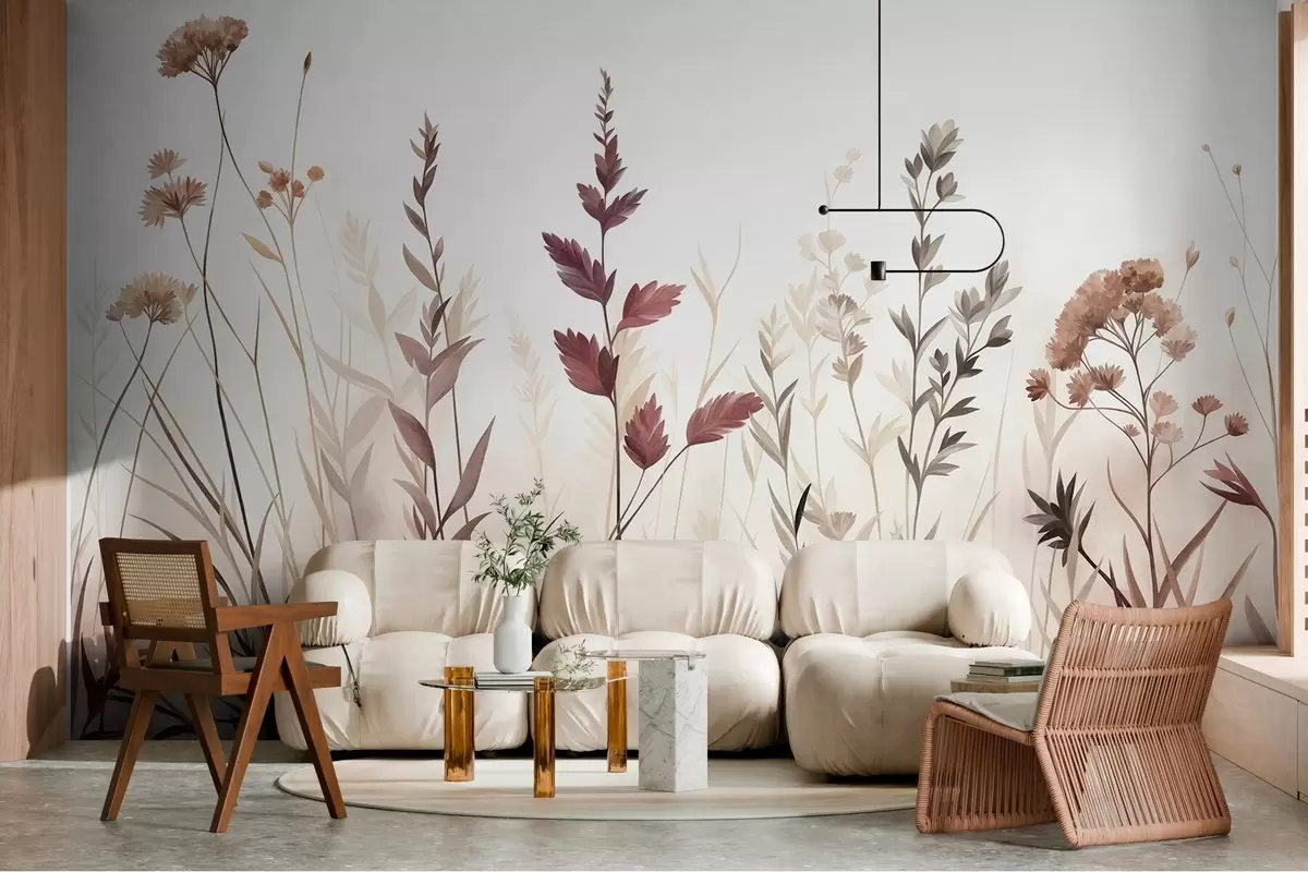 Fototapetai Aukštos laukinės žolės ir laukinės gėlės prislopintų žemės atspalvių, minimalistinė estetika w10084