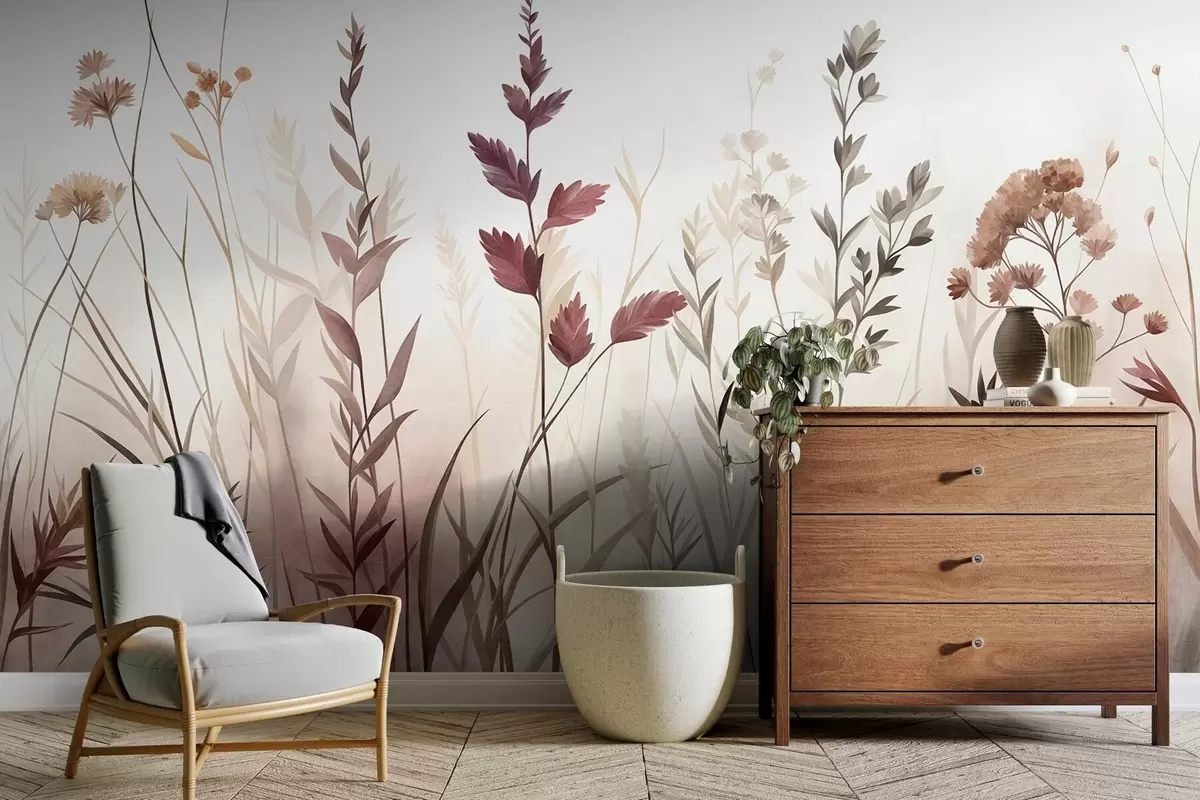 Fototapetai Aukštos laukinės žolės ir laukinės gėlės prislopintų žemės atspalvių, minimalistinė estetika w10084