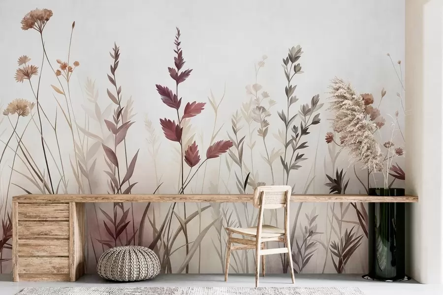 Fototapetai Aukštos laukinės žolės ir laukinės gėlės prislopintų žemės atspalvių, minimalistinė estetika w10084