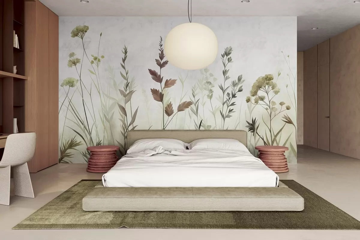 Fototapetai Aukštos laukinės žolės ir laukiniai žiedai švelnių žalių atspalvių, minimalistinė estetika w10084v1