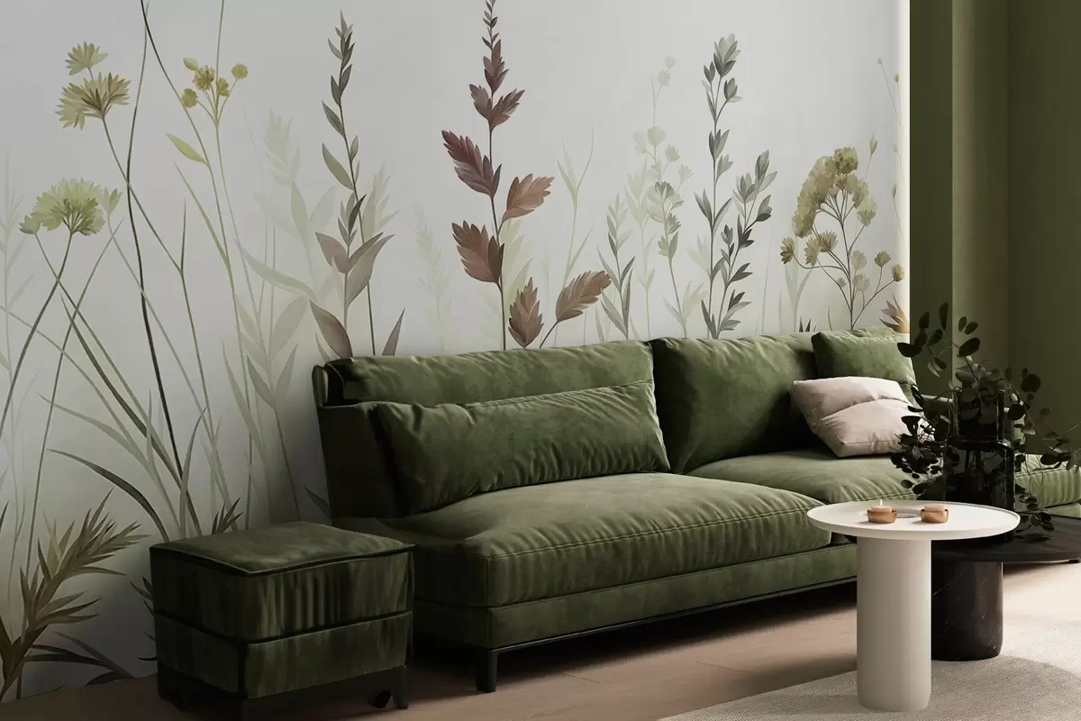 Fototapetai Aukštos laukinės žolės ir laukiniai žiedai švelnių žalių atspalvių, minimalistinė estetika w10084v1