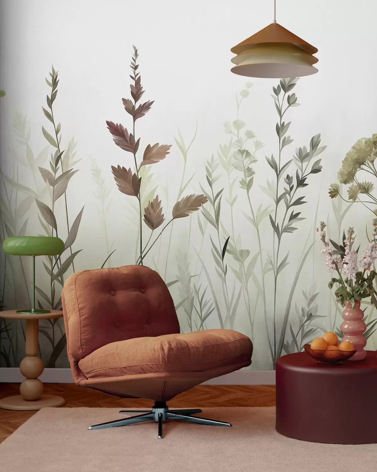 Fototapetai Aukštos laukinės žolės ir laukiniai žiedai švelnių žalių atspalvių, minimalistinė estetika w10084v1