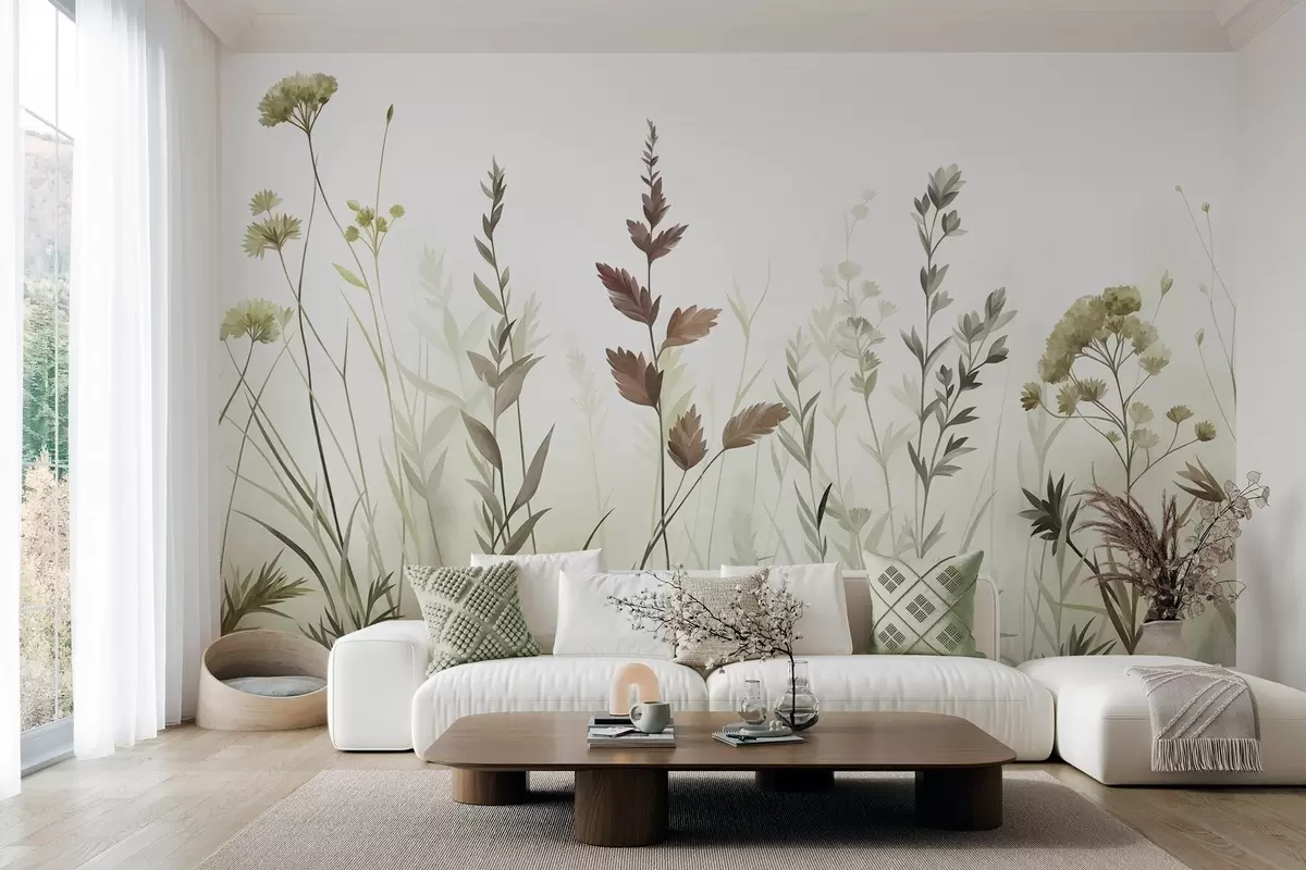 Fototapetai Aukštos laukinės žolės ir laukiniai žiedai švelnių žalių atspalvių, minimalistinė estetika w10084v1