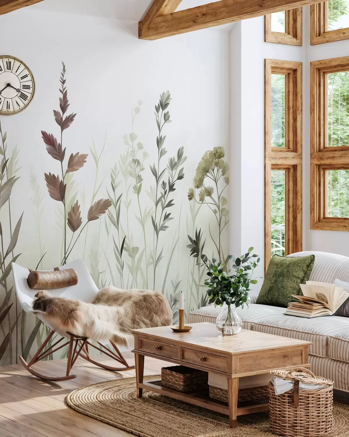 Fototapetai Aukštos laukinės žolės ir laukiniai žiedai švelnių žalių atspalvių, minimalistinė estetika w10084v1