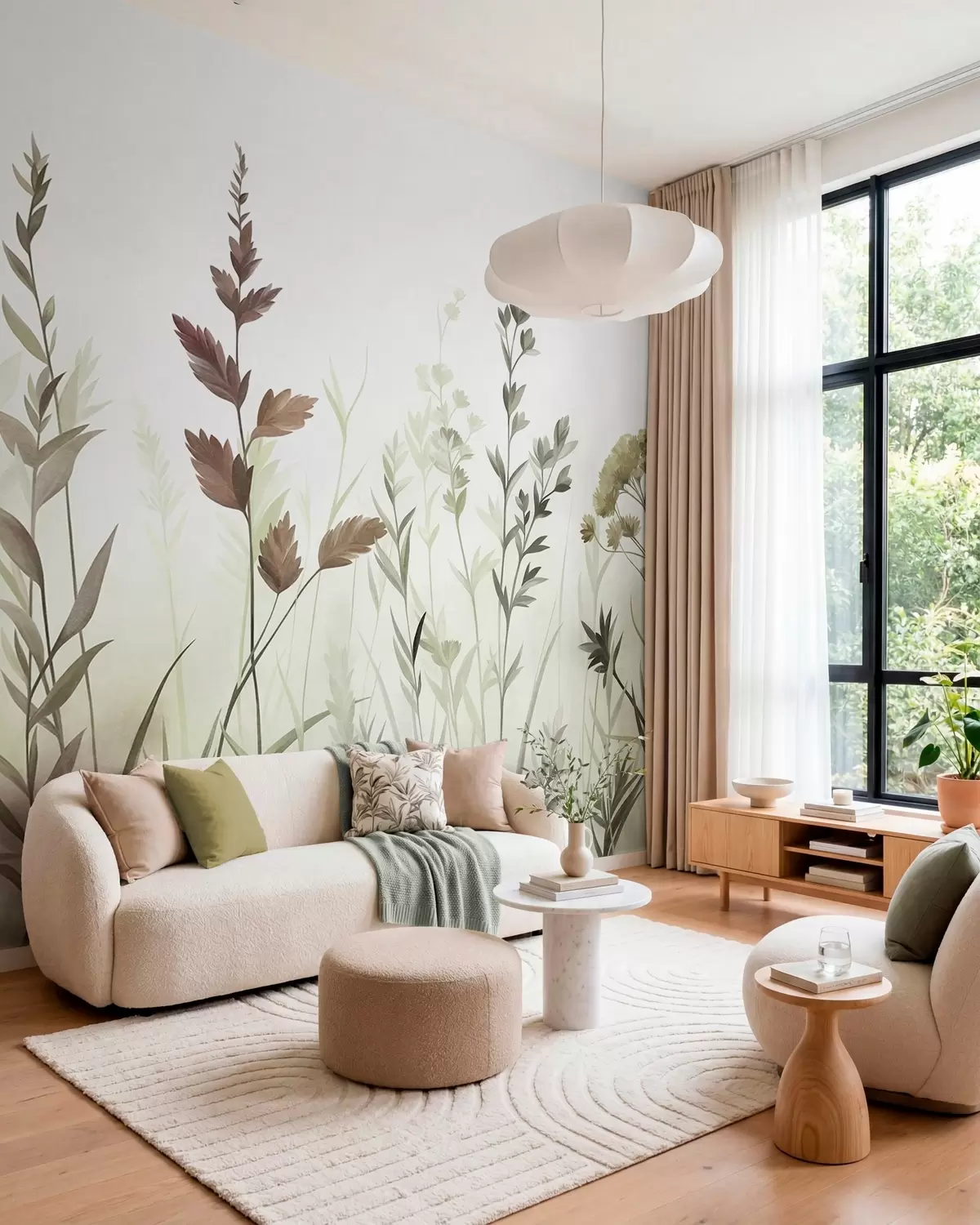 Fototapetai Aukštos laukinės žolės ir laukiniai žiedai švelnių žalių atspalvių, minimalistinė estetika w10084v1