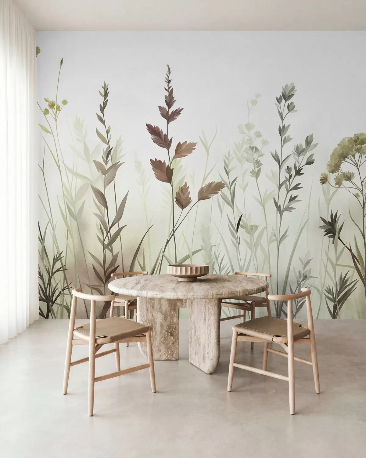Fototapetai Aukštos laukinės žolės ir laukiniai žiedai švelnių žalių atspalvių, minimalistinė estetika w10084v1