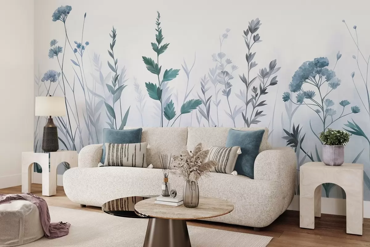 Fototapetai Aukštos laukinės žolės ir laukinės gėlės švelnių mėlynų atspalvių, minimalistinė estetika w10084v2