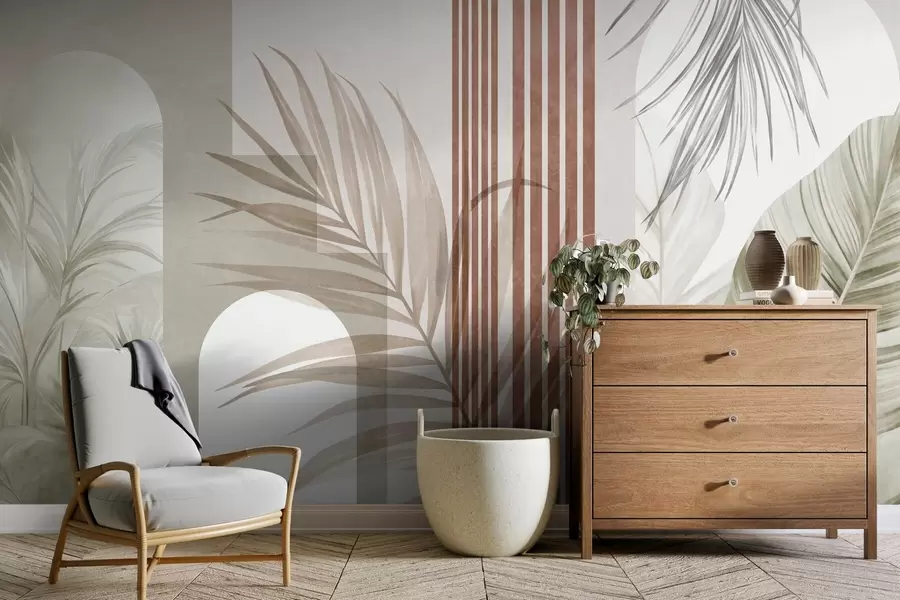 Fototapetai Abstrakti kompozicija su palmių lapais, geometrinėmis arkomis ir vertikaliomis juostomis w10110