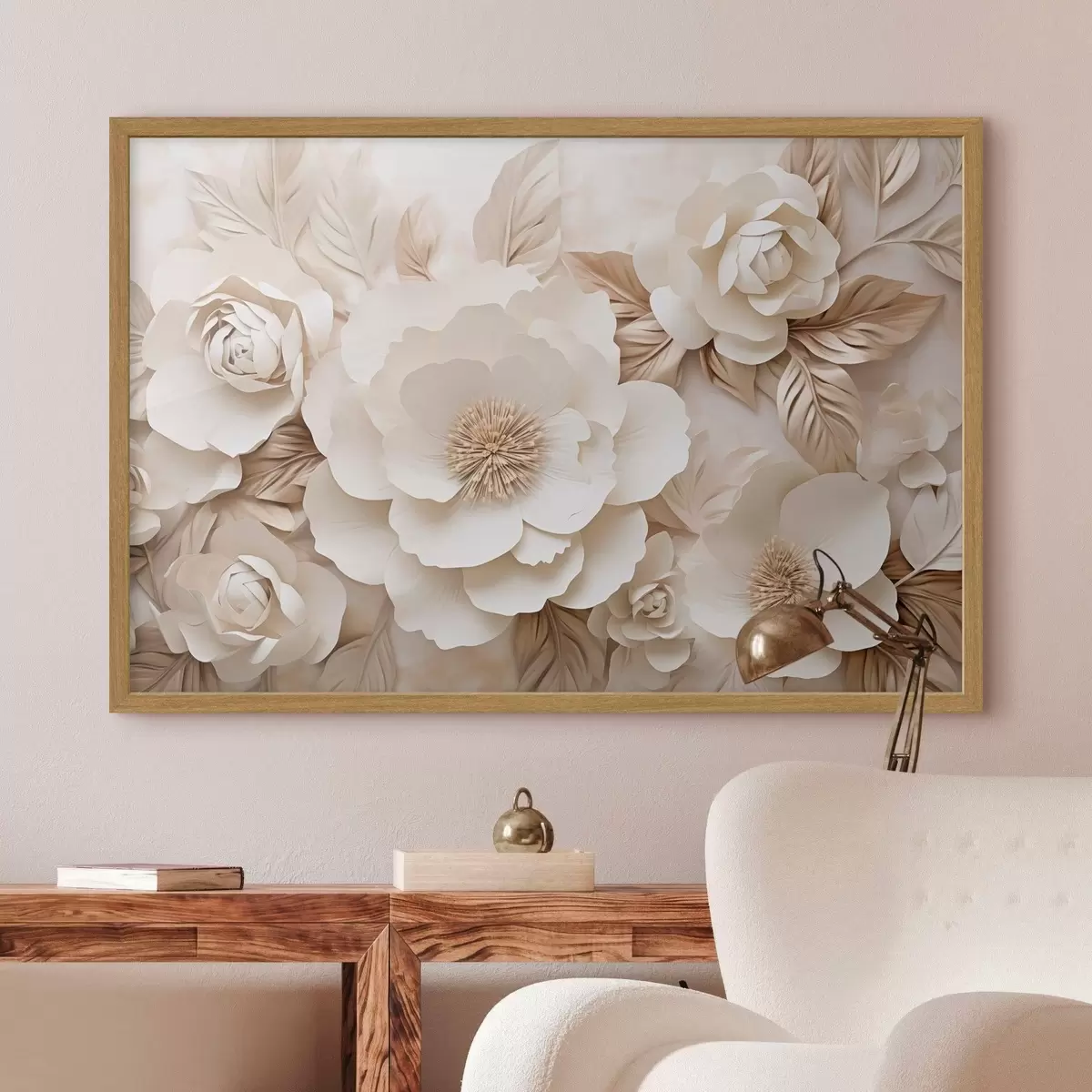 Plakatas 3D gipso reljefas su baltomis gėlėmis f51096