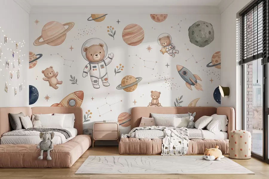 Fototapetai Mielos meškiukų astronautės tarp planetų, raketų ir žvaigždžių, pavaizduotos švelniu pastelinės akvarelės stiliumi w10096